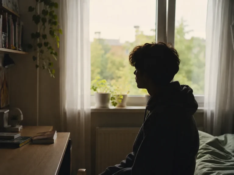 Nastolatek siedzi przy oknie w swoim pokoju i patrzy na zewnątrz